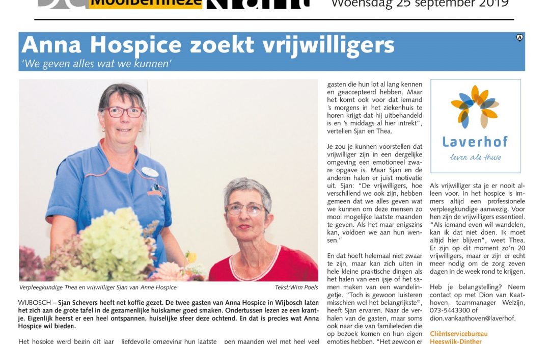 Anna Hospice zoekt vrijwilligers